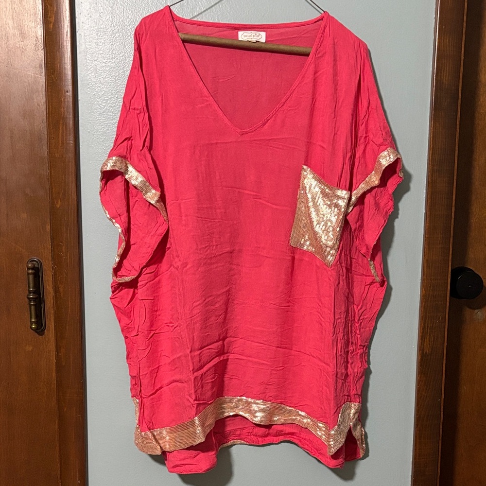 Mudpie Coral Tunic with Shimmering Gold Trim, One Size